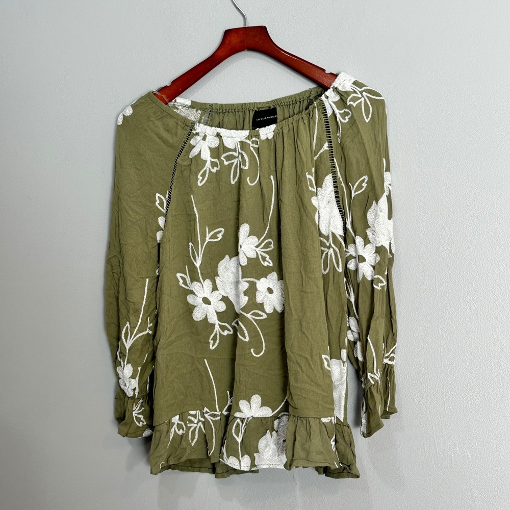LIV‎ LOS ANGELES Olive Green Floral Embroidered Ruffle Hem Off Shoulder Top S
